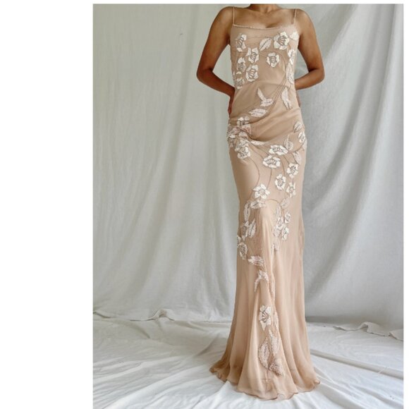 Vintage Sue Wong Nude 100% Silk Beaded Bias Cut Gown Dress Women's Size 10 - Picture 1 of 16